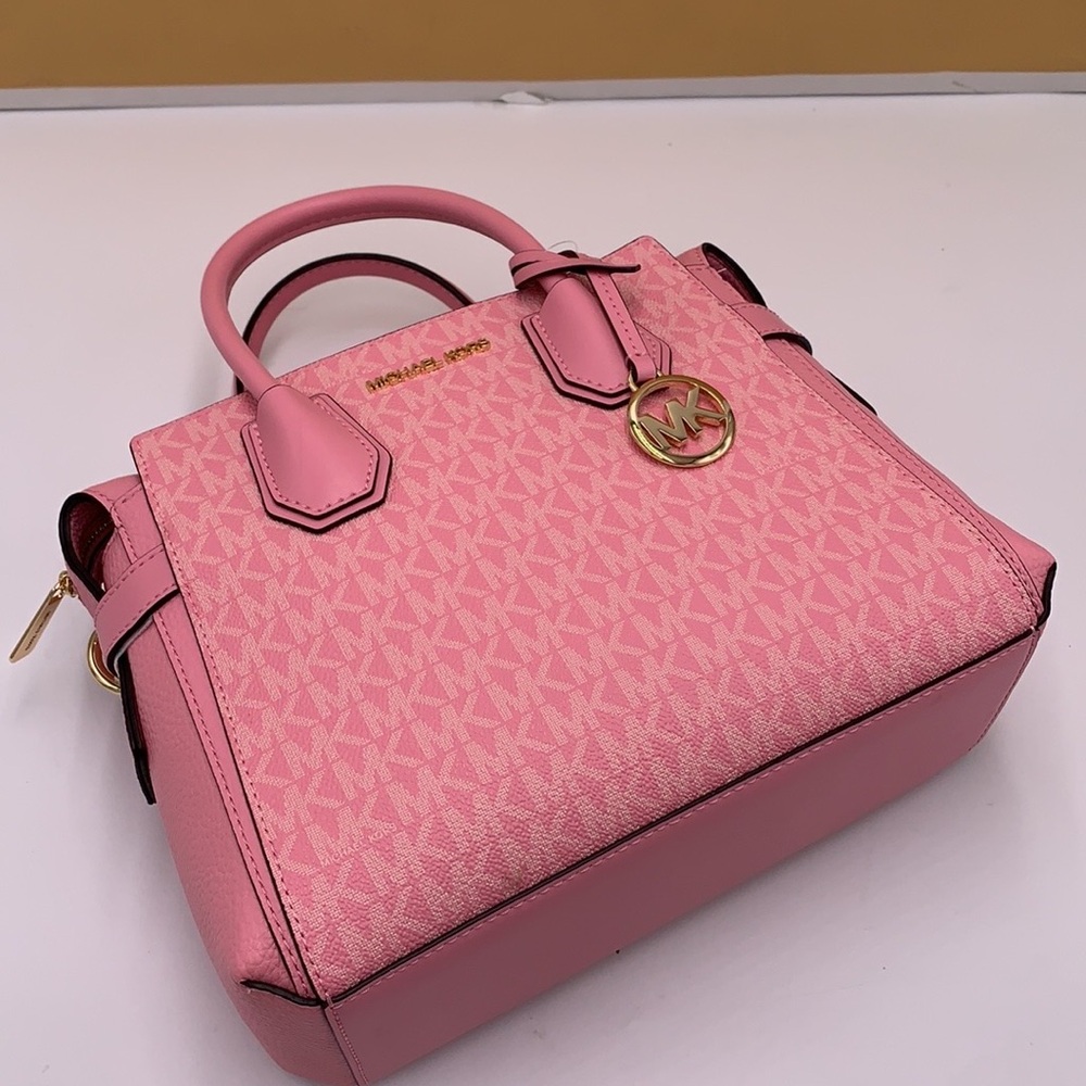 MICHAEL KORS Mercer Sm TZip Logo Leather Belted Satchel Crossbody Carnation - Picture 9 of 16